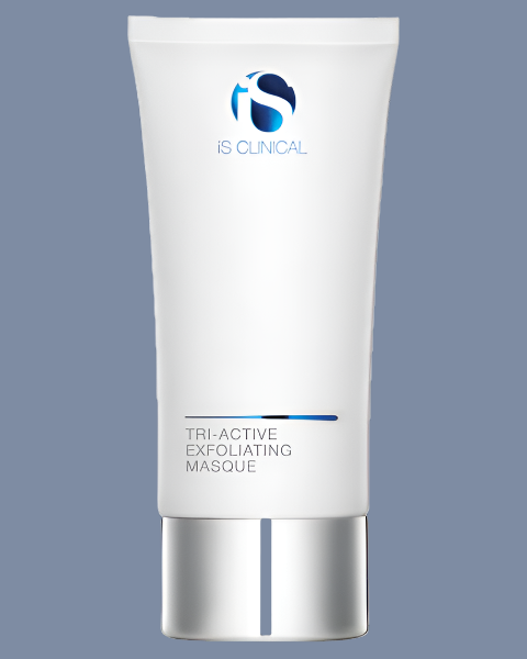 IS Clinical Tri-Active Exfoliating Masque tube on a gray background